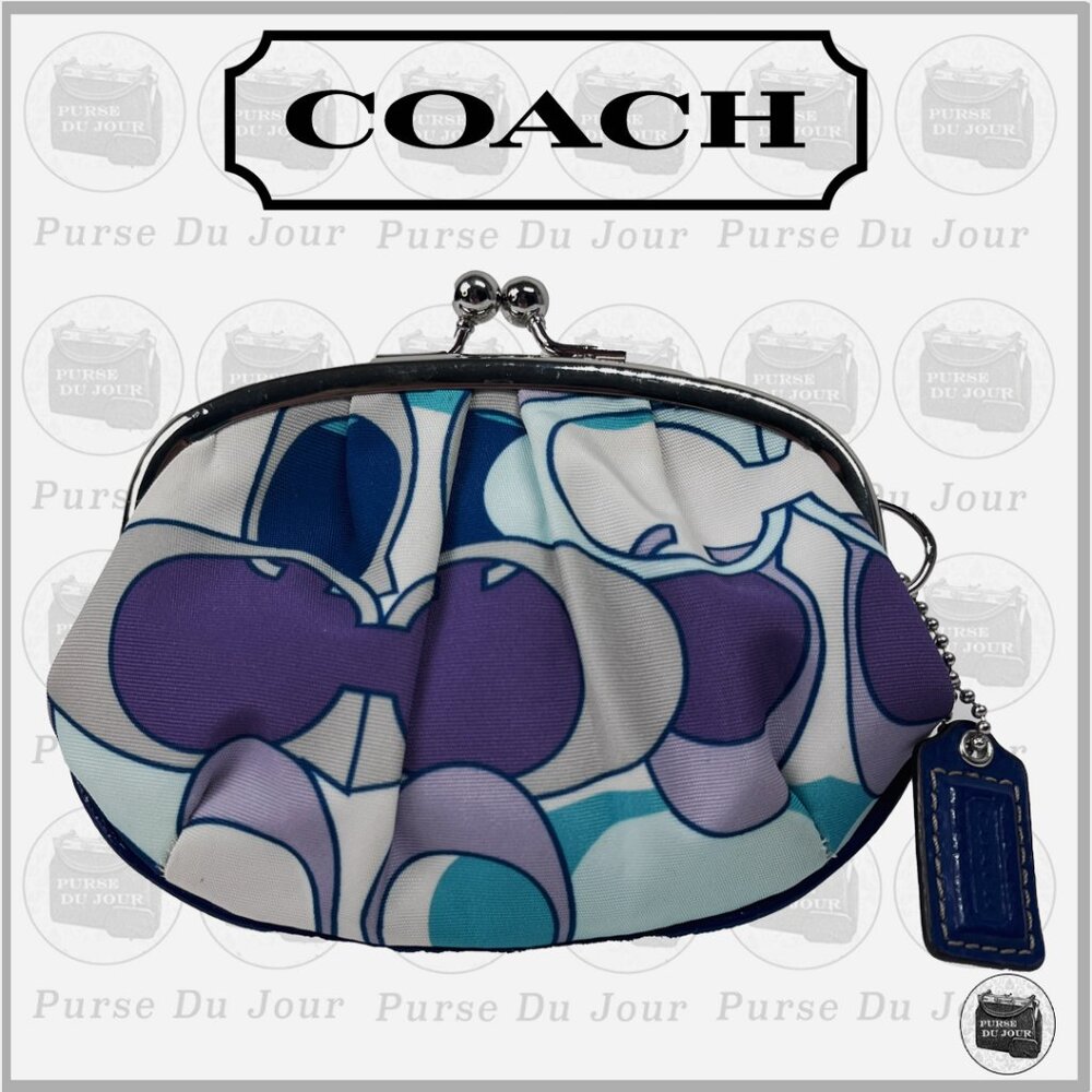 Coach Daisy Kyra Blue Multicolor Scarf Print Kiss Lock Pouch With Hangtag